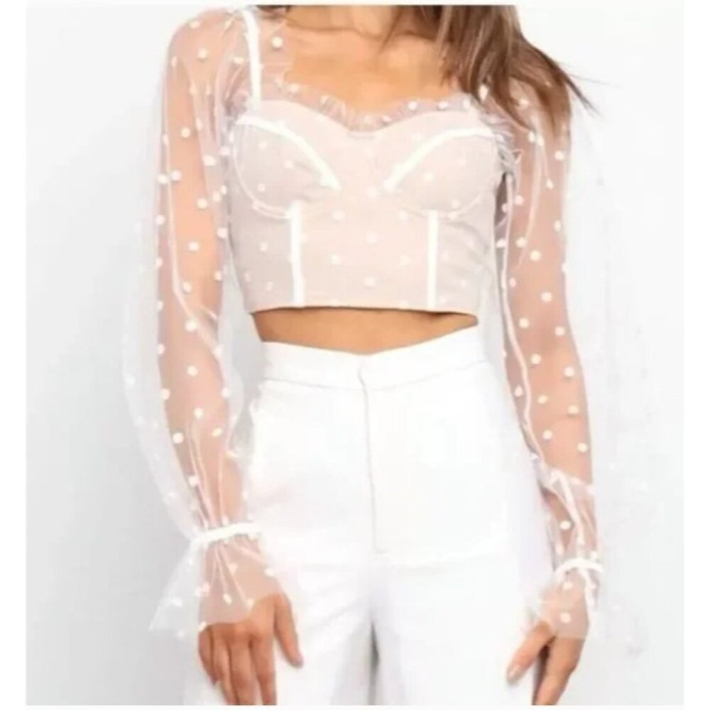 Runaway The Label  Bustier Corset Top Size 4 Beige Polka Dot Tulle Sheer Sleeves